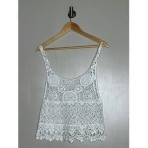 BD Design White Crochet Lace Tank Top Boho Festival Cotton Scoop Neck Sleeveless